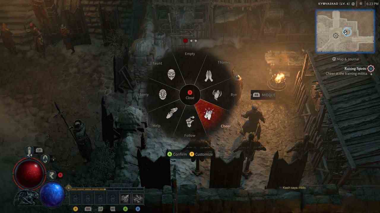 Kyovashad ve Diablo 4'teki diğer konumlar yan görevlere sahiptir (ör. mavi ünlem işareti simgeleri).  Örneğin, Kyovashad'daki oyun, bir grup gardiyanı tezahürat etme görevi veriyor, bu görevi aksiyon çarkınızı açıp Cheer ifadesini seçerek tamamlayabilirsiniz.