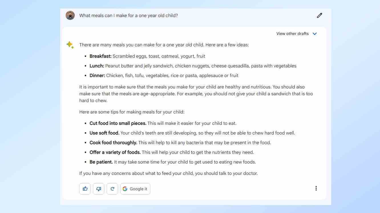 Google Bard'ın bir yaşındakiler için yemek önerileri