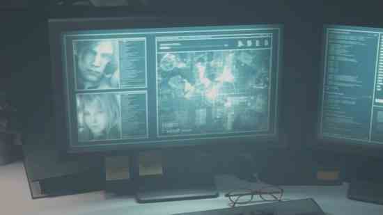 Resident Evil 4 Remake S Rank - Leon ve Ashley'nin sabıka resimlerini ve bir radar haritasını gösteren birkaç bilgisayar monitörü.