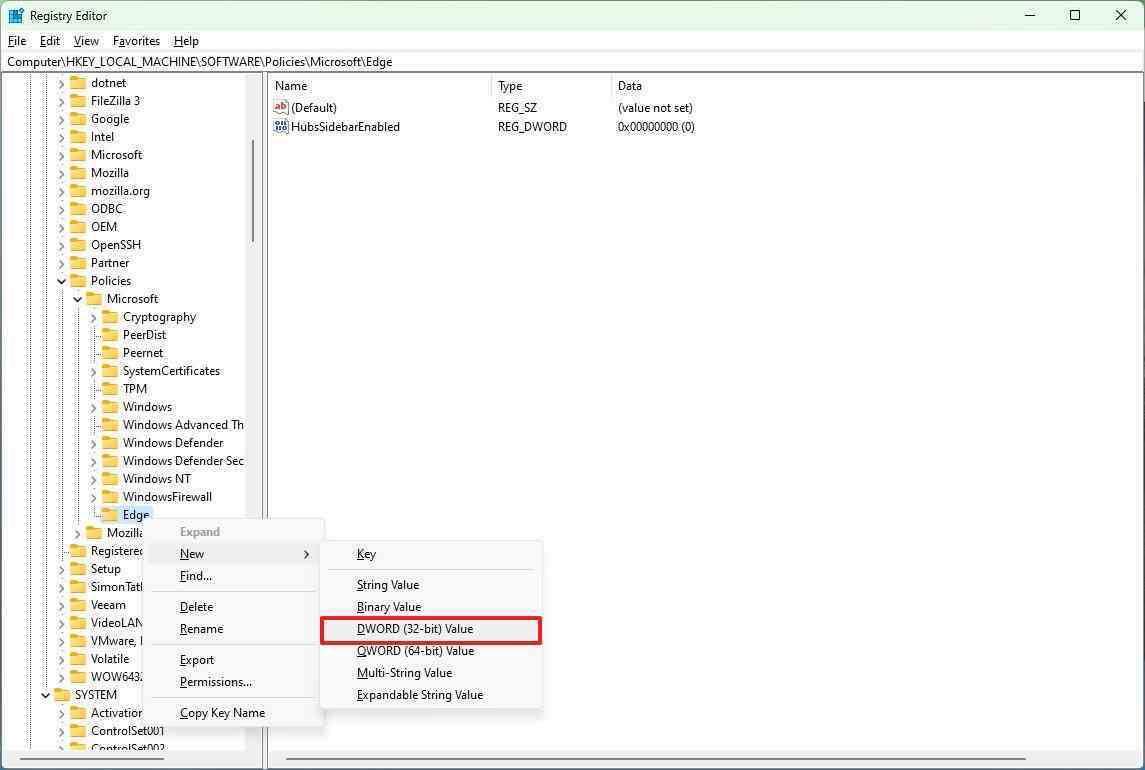 Registry Edge hub kenar çubuğu anahtarı