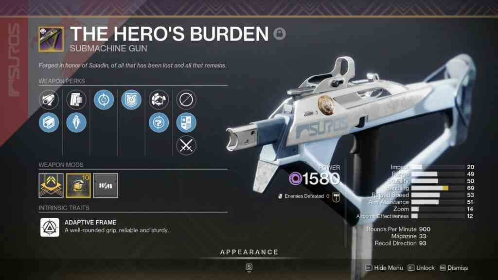 Destiny 2 The Hero's Burden tanrısı envanterde.