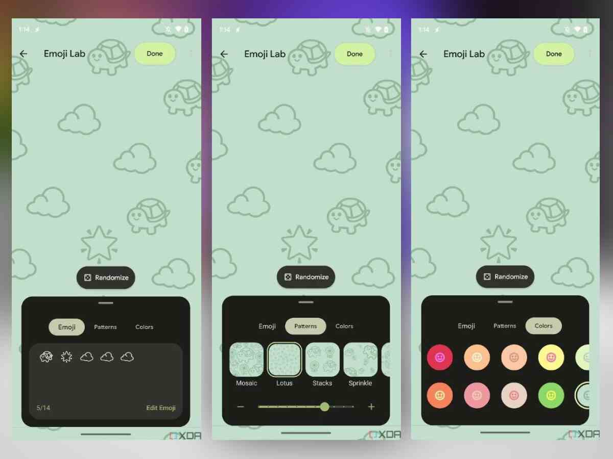 XDA tarafından sunulan iş akışının bazı örnek ekran görüntüleri.  - Android 14, Pixel telefonlara bir emoji duvar kağıdı oluşturucu getirebilir