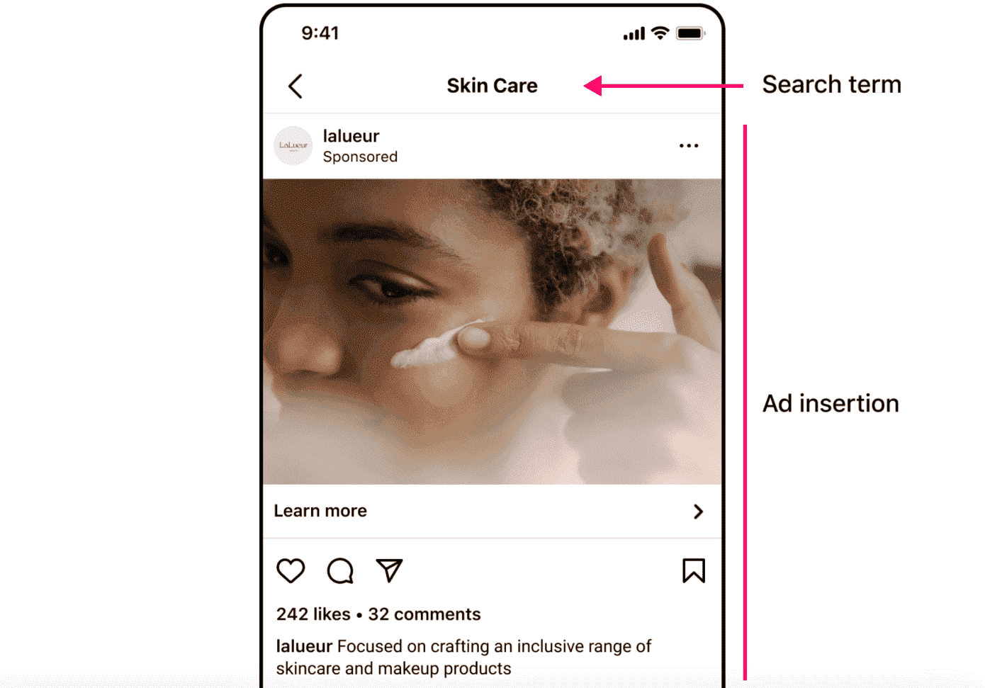 Instagram'daki arama sonuçlarındaki bir reklam örneği.