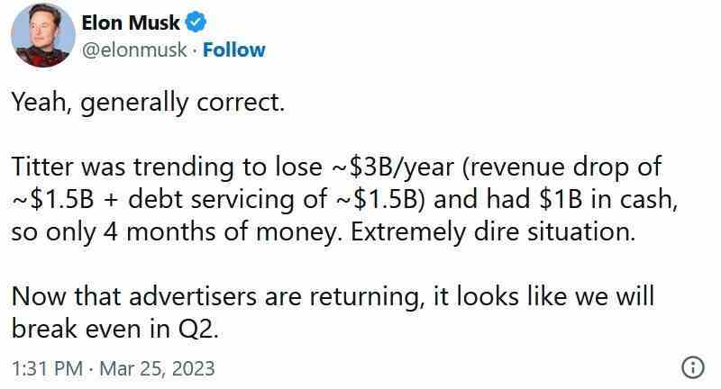 Musk, Twitter'ın mevcut çeyreği için büyük umutlar besliyor - Musk, Twitter'a platform için ödediğinin yarısından daha az olan 20 milyar dolar değerinde değer veriyor.