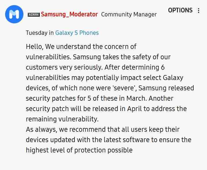 Bir Samsung topluluk yöneticisi, kusurun gelecek ay tamamen düzeltileceğini söylüyor - Samsung, son tehlikeli Exynos modem güvenlik açığını Nisan ayında yamalayacak