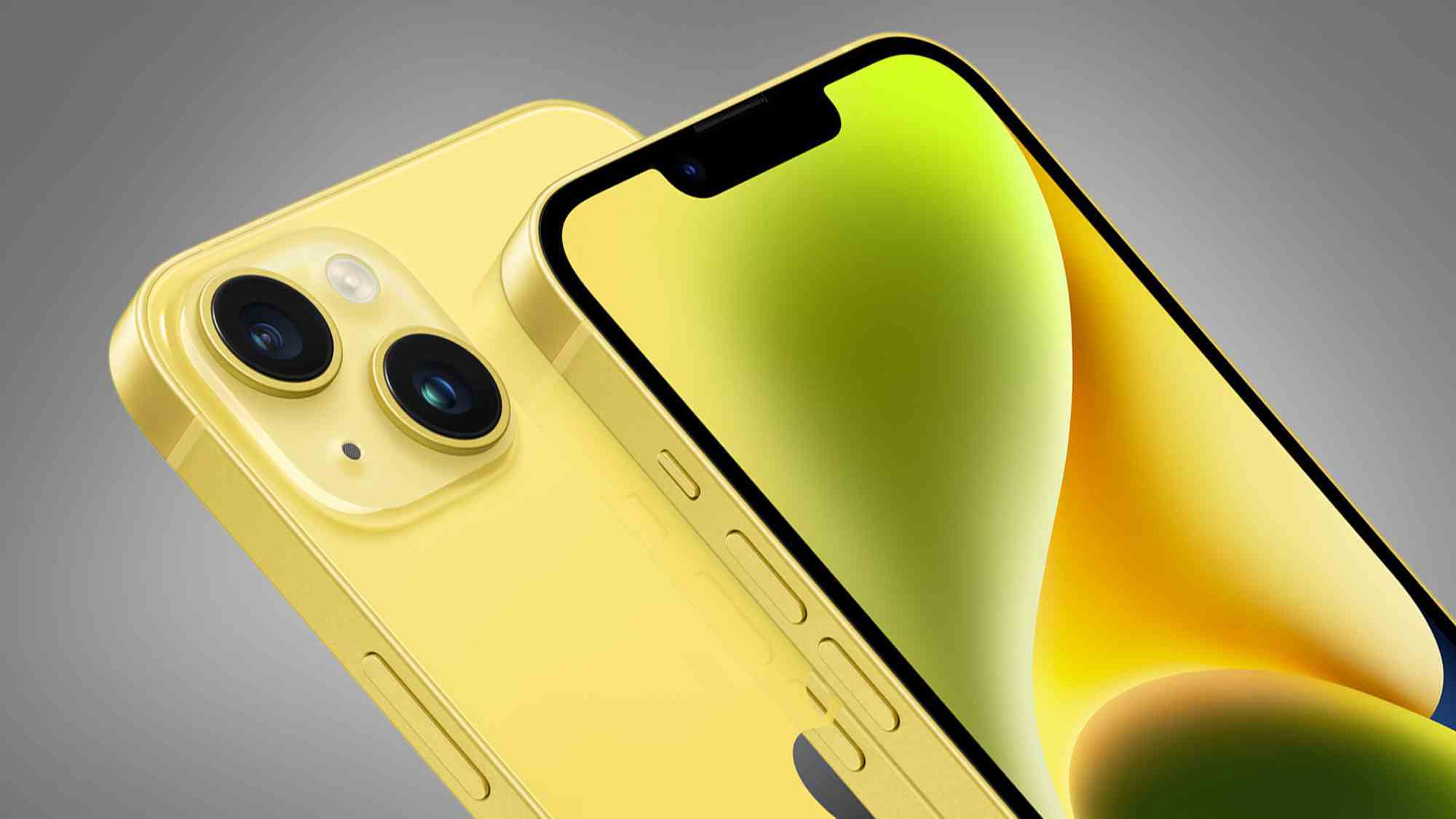 Gri bir arka plan üzerinde sarı Apple iPhone 14