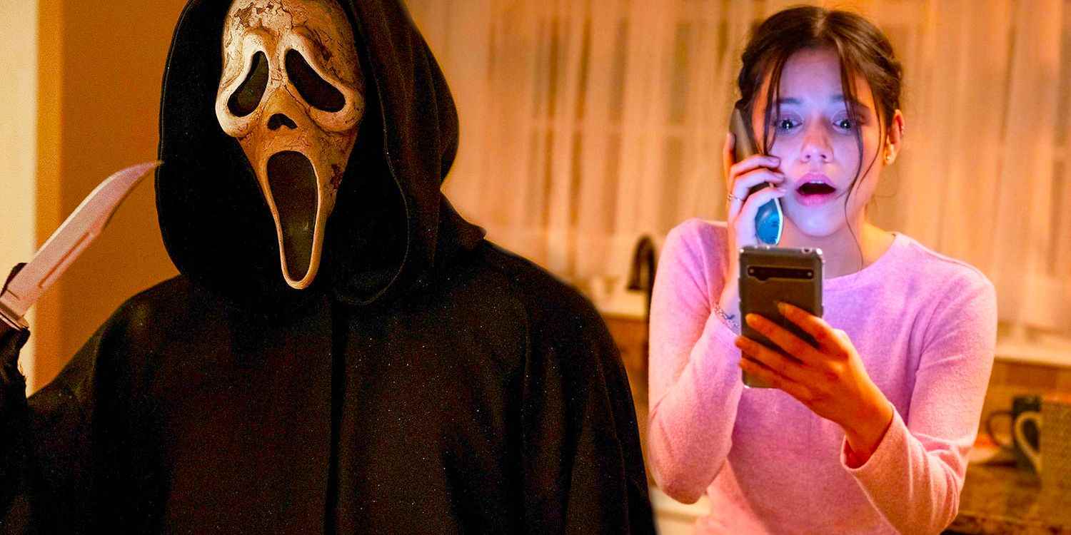 Scream 5'te elinde bıçak tutan Ghostface ve Jenna Ortega'nın telefonunu okurken korktuğu bölünmüş görüntü
