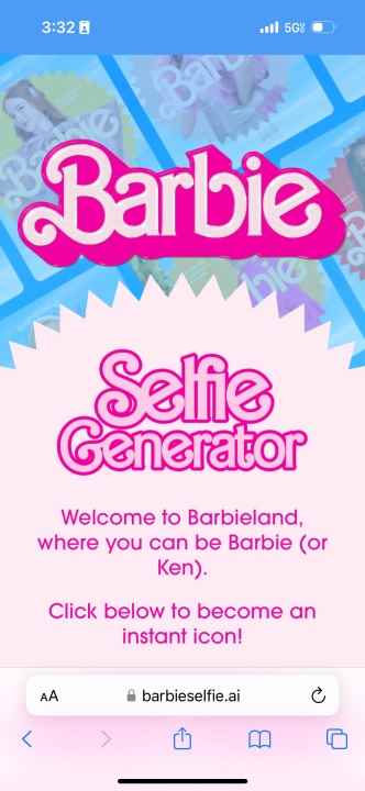 Barbie Selfie Generator web sitesinin ekran görüntüsü.