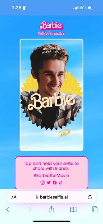 Barbie Selfie Generator web sitesinin ekran görüntüsü.