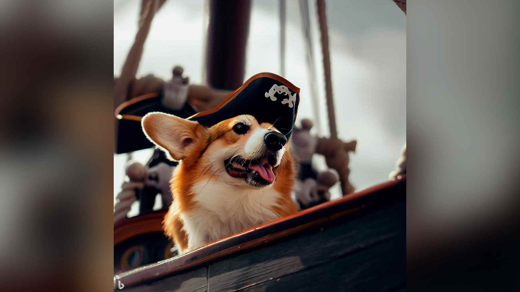 Bing Image Creator istemi: Gemisinde foto-gerçekçi korsan corgi.