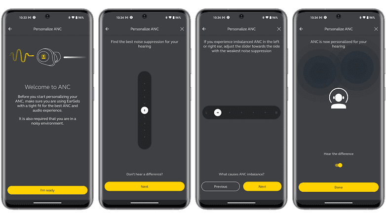 Jabra Elite 4'teki ANC ayarlarının ekran görüntüleri