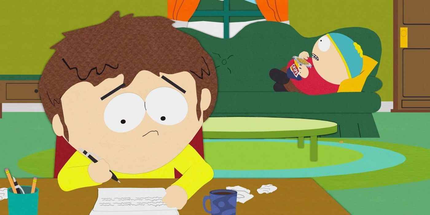 South Park'ta bir kanepede Cartman ile bir masada oturan Jimmy