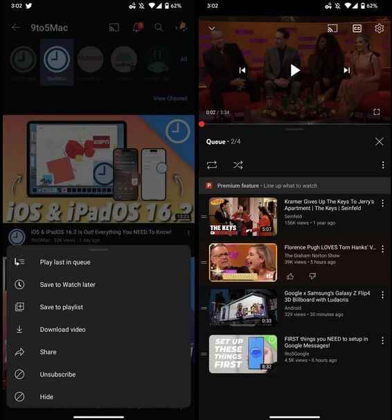 Kuyruk özelliği artık YouTube Premium aboneleri tarafından kullanılabilir.  Resim kredisi 9to5Google - YouTube Premium'a faydalı yeni özellikler geliyor