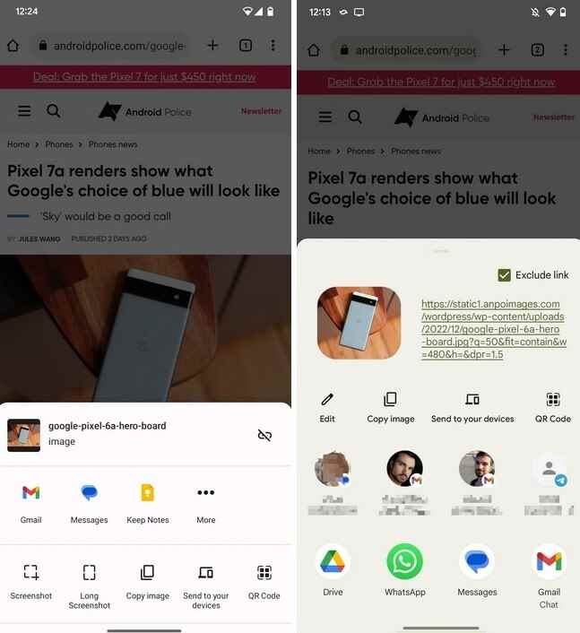 Eski paylaşım sayfası solda ve yenisi sağda olacak şekilde Chrome Beta'da görüntüleri paylaşma.  Resim kredisi AndroidPolice - Google, Chrome Beta'da yeni görünüm Android 14 paylaşım sayfasını test ediyor