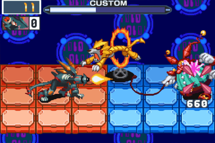 Karakterler, Mega Man Battle Network Legacy Collection'da bir ızgara üzerinde savaşır.