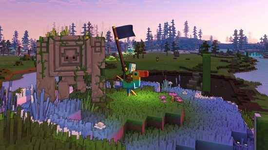 Minecraft Legends binekleri: Oyuncu, sarmaşıklarla sarılmış bir taş golem yanından geçerken, bir tukanı andıran tropikal kuş bineği Big Gaga'ya ata binerken bayrağını havada tutar.