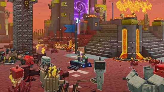 Minecraft Efsaneleri bineği: Oyuncu, bir lav kalesinin içinde fiyonklu zombiler etrafını sararken, zeminde koşan böcek bineğine ata binerken bayrağını havaya sallar.