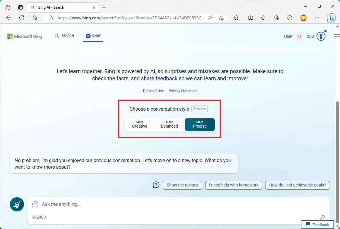 Bing Chat görüşme stilleri