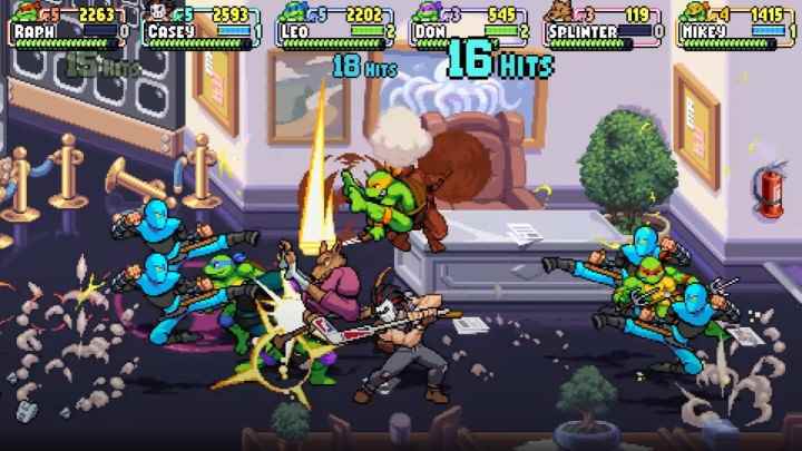 Leonardo, Michaelangelo, Casey Jones, Splinter ve Raphael ninjalarla savaşıyor.