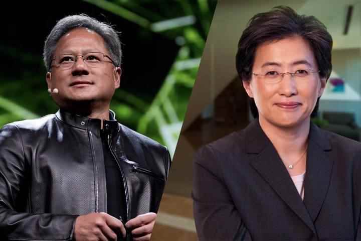 Nvidia ve AMD CEO'ları, bölünmüş ekran görünümünde yan yana gösteriliyor.