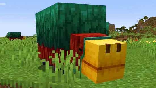 Minecraft güncellemesi - Sniffer, yeşil sırtlı ve büyük burun delikli sarı ağızlı bir yaratık
