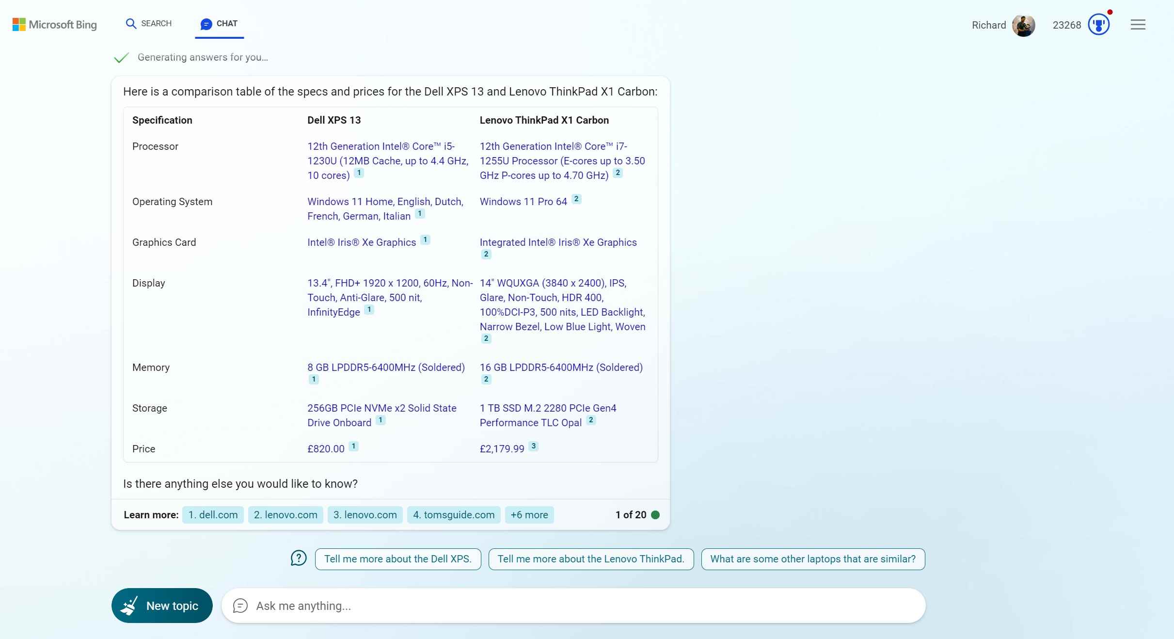 XPS 13 ve Lenovo X1 Carbon'u karşılaştıran bir tablo oluşturan Bing Chat