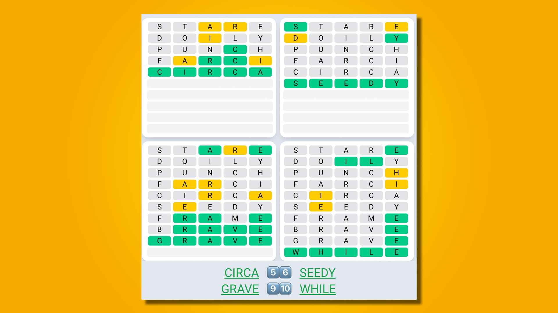 Quordle Sequence 456 sarı bir arka plan üzerinde cevaplar