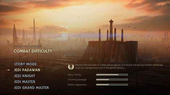 Jedi Survivor zorluk modlarının ikinci en kolayı olan Jedi Padawan modunu, güzel bir manzaranın zemininde, savuşturma zamanlaması için neredeyse dolu ve düşman saldırganlığı ve gelen hasar için düşük bir çubukla gösteren bir oyun içi ekran.