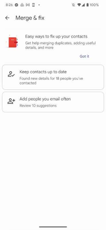 Google Kişileri Birleştirme ve Düzeltme ekranı.