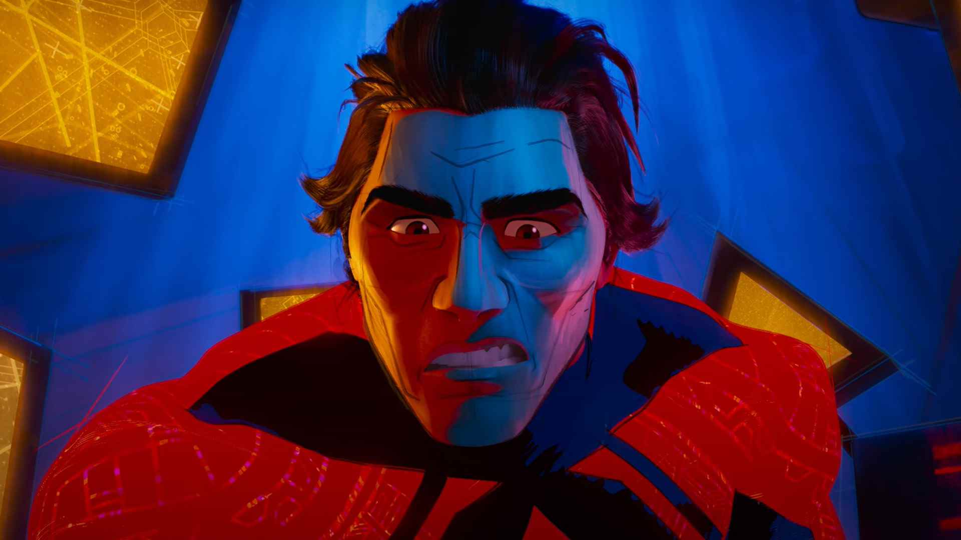 Miguel O'Hara, Spider-Man: Across the Spider-Verse'de kamera dışından birine bakıyor