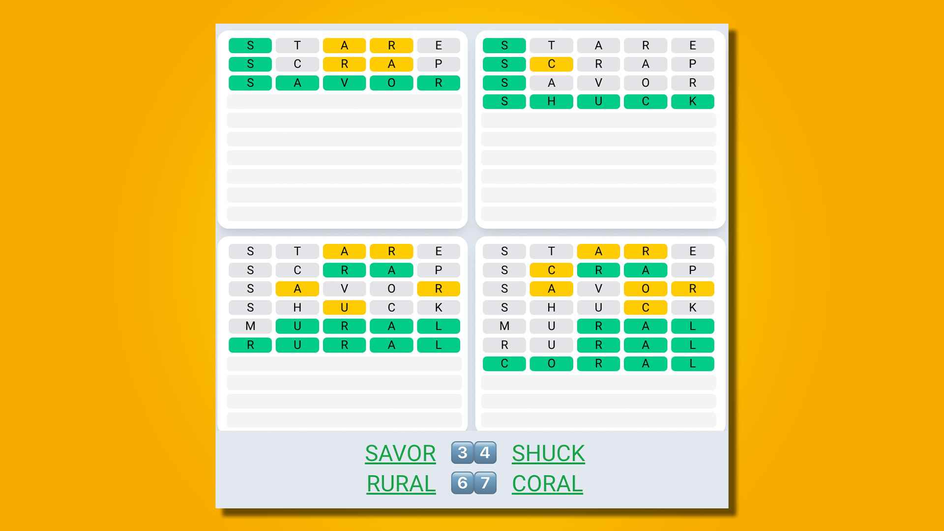 Quordle Daily Sequence 461 sarı bir arka plan üzerinde yanıtlar