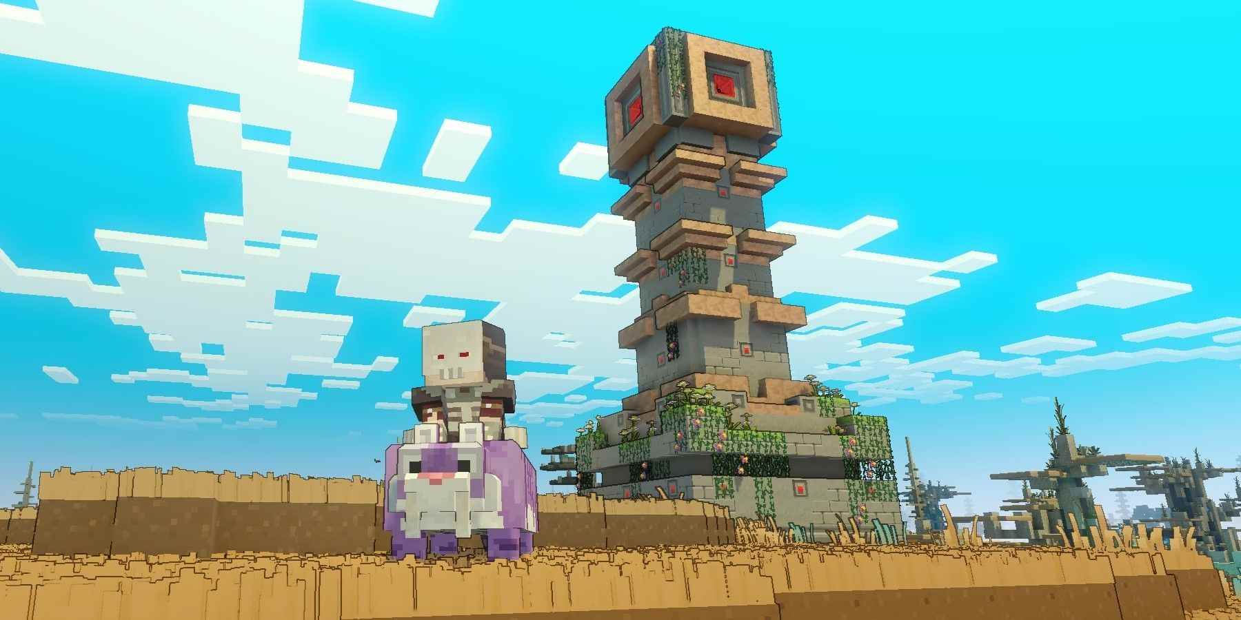 Ön planda bir dağın üzerinde bir iskelet bulunan Minecraft Legends Blast Tower