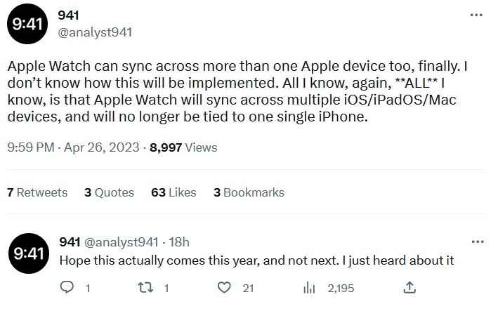 Tipster @analyst941, Apple Watch'un yakında birden fazla Apple cihazıyla eşleşmesine izin verileceğini söylüyor - Apple'ın Apple Watch'un birden fazla cihazla eşleşmesine izin vereceği bildiriliyor