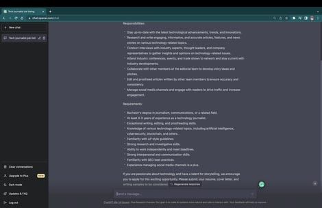 Bir teknoloji muhabiri için iş ilanı yazan ChatGPT'nin ekran görüntüsü