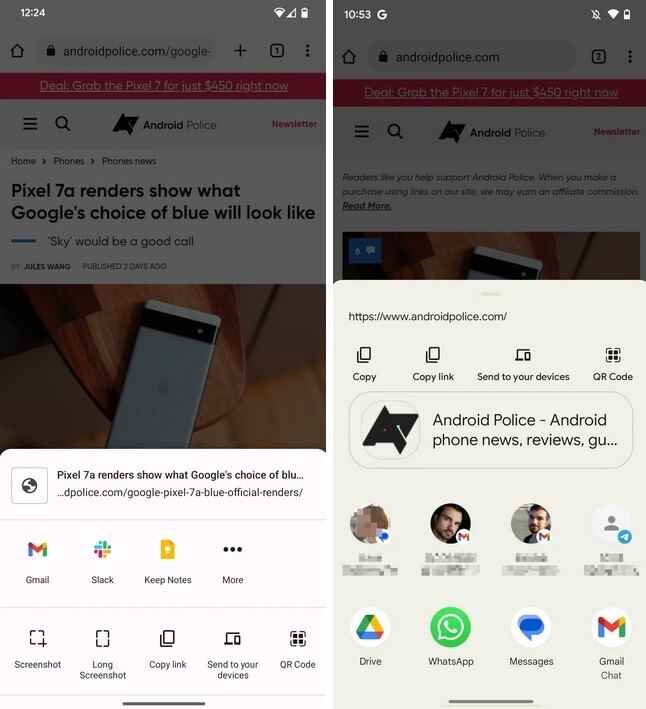 Eski paylaşım sayfası solda ve yenisi sağda olacak şekilde Chrome Beta'da metin paylaşma.  Resim kredisi AndroidPolice - Google, Chrome Beta'da yeni görünüm Android 14 paylaşım sayfasını test ediyor