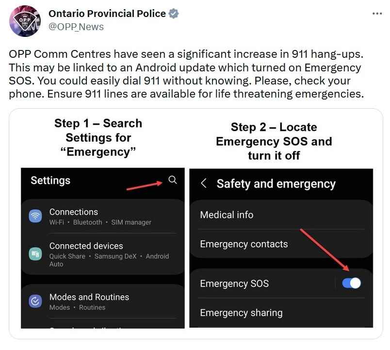 Ontario İl Polisi, Android telefonunuzdaki Acil SOS özelliğini kapatmanızı istiyor - Polisler, Android kullanıcılarından yanlışlıkla 911 aramalarında Acil SOS'u devre dışı bırakmalarını istiyor