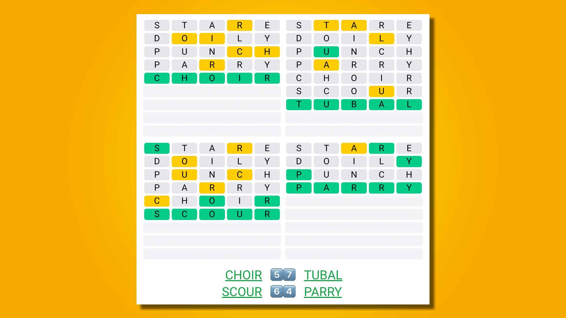 Sarı arka planda Quordle 431 yanıtları