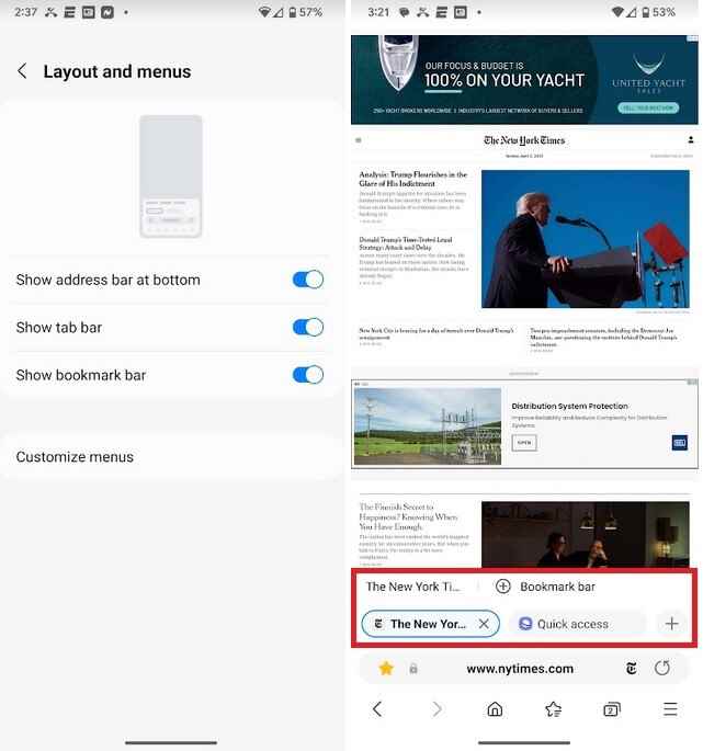 Yeni özellikler açılabilir ve tarayıcıda yer imi ve sekme çubukları görünür - Samsung İnternet Tarayıcısının Beta sürümünde bazı yeni özellikler vardır
