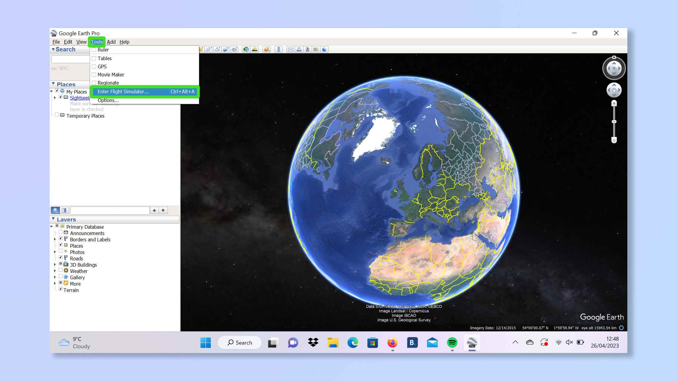 Google earth menü ekranı