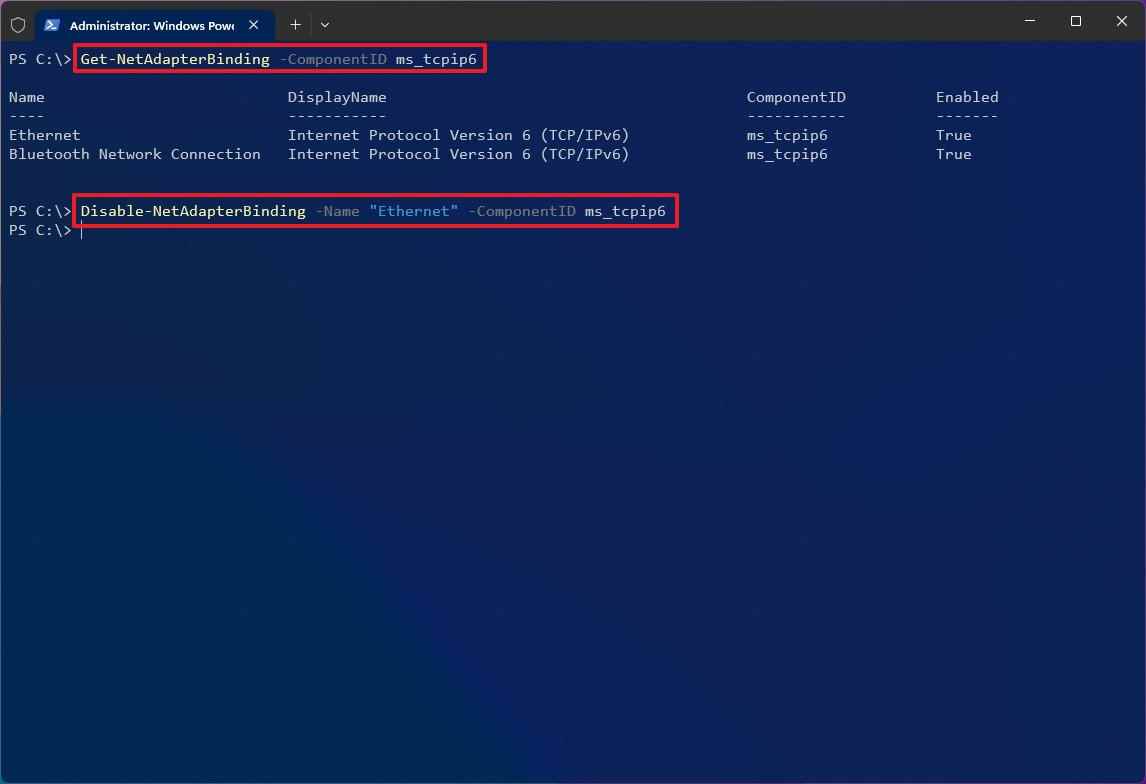 PowerShell, IPv6'yı devre dışı bırakır