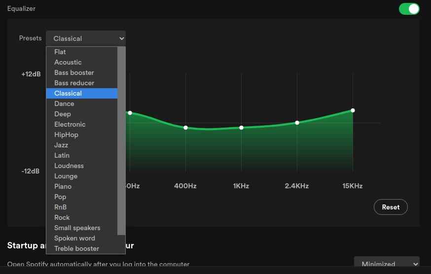 Spotify Equalizer ön ayar seçicisi.