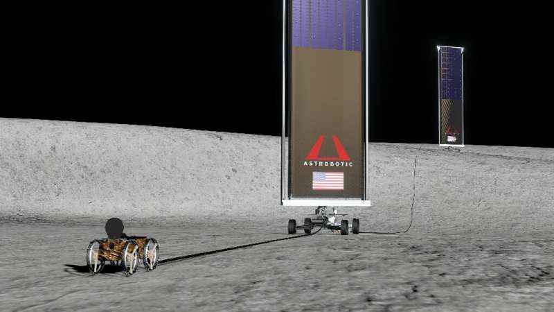 Astrobotic'in izniyle sunulan bu görüntü, bir güç üretim ve dağıtım hizmeti geliştiricisi olan LunaGrid'in sanatsal bir örneğini göstermektedir.