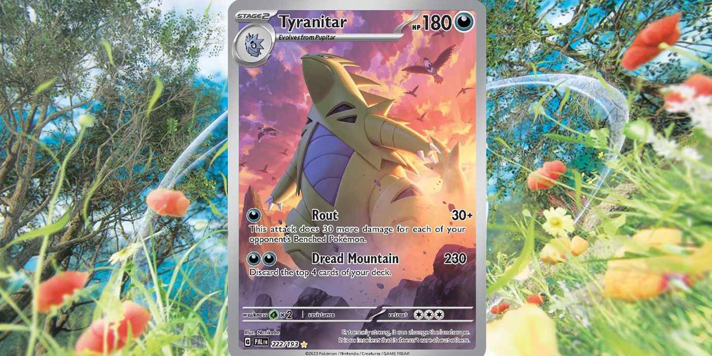 Pokémon TCG'nin Paldea Evolved genişlemesinden Tyranitar Illustration Nadir kartı.