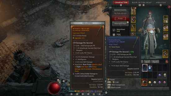 Diablo 4 ganimet çiftliği Server Slam - Kor Dragan'daki ekran görüntüsü, seviye 20 karakterin mevcut efsanevi teçhizatından çok daha yüksek bir öğe seviyesinde mavi damlaları gösteriyor.