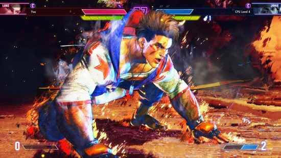 Street Fighter 6 Luke, 3. seviye süper sanatını rakibi üzerinde kullanmak üzere.  Bir sprint başlangıcı yapmak üzeredir.