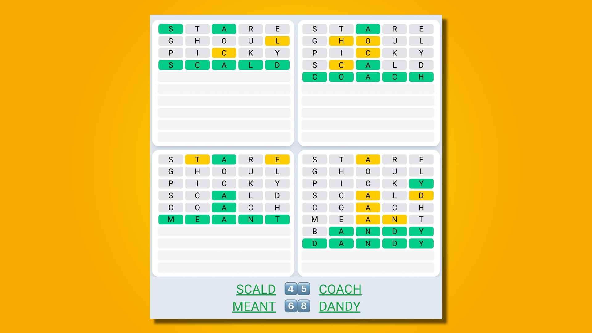 Quordle Daily Sequence, sarı bir arka plan üzerinde 479 numaralı oyun için cevaplar