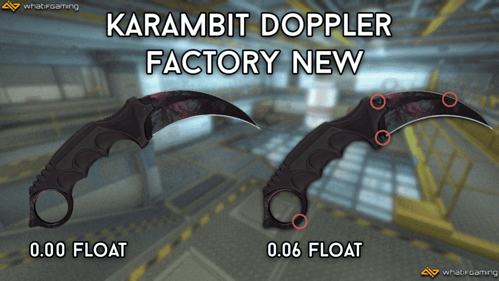 Karambit Doppler'de 0.00 float ile 0.06 float arasındaki farkı gösteren bir fotoğraf.