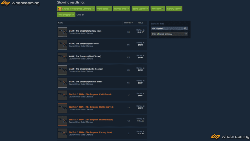 Steam Marketplace'te bir M4A4 The Emperor görünümü aranıyor.