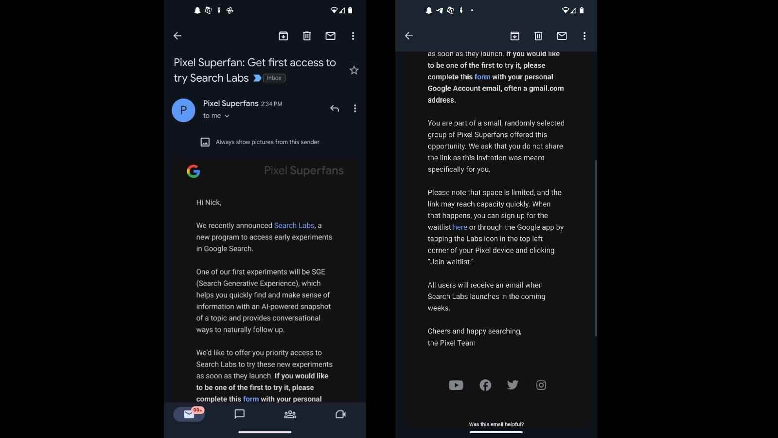 Bir kullanıcıyı Arama Üretken Deneyimi denemeye davet eden bir e-posta - Google, Pixel Süper Hayranlarına yapay zeka özelliğine erken erişim sağlamak için kuralları yeniden esnetiyor