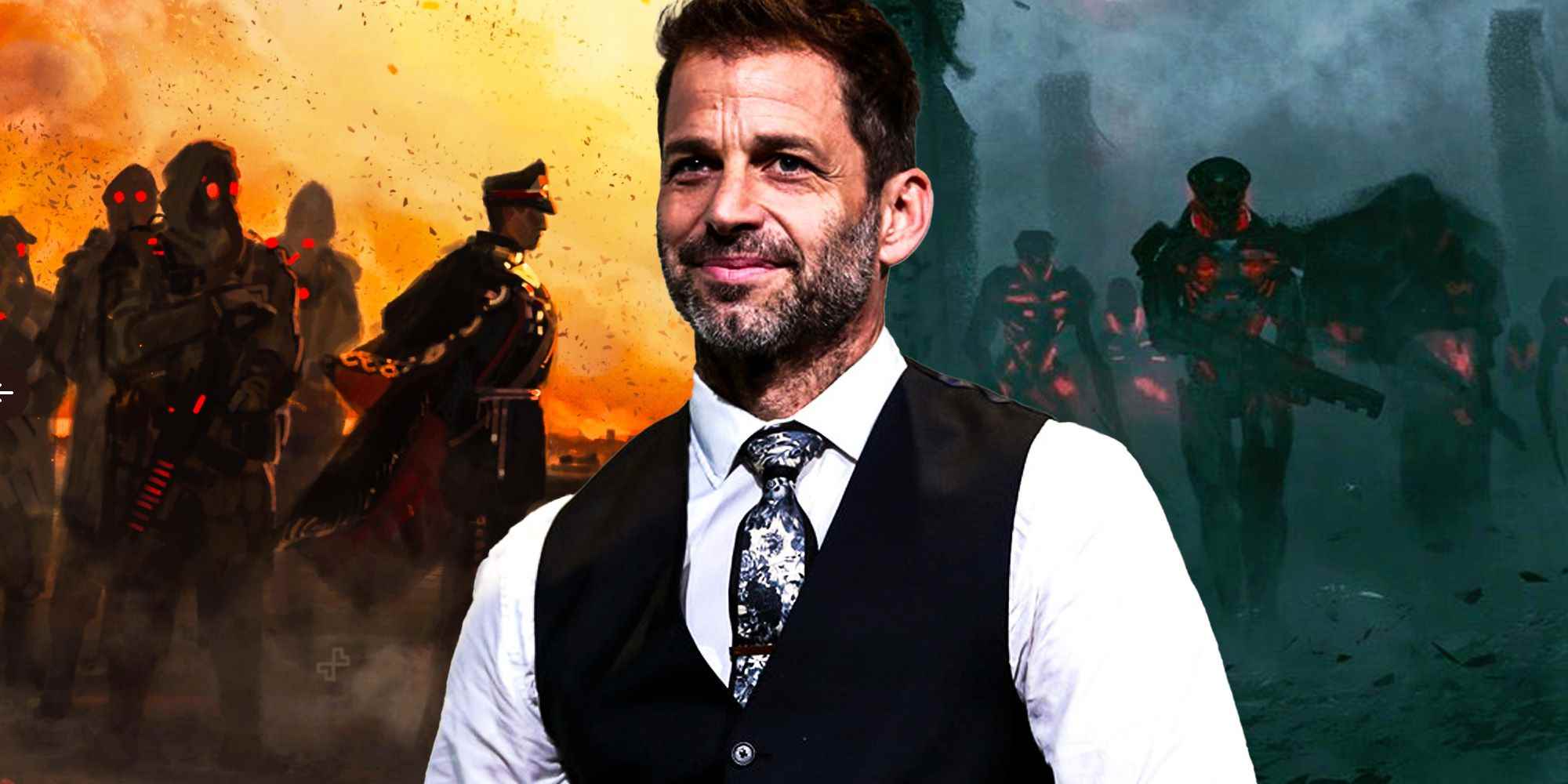 ZackSnyder, Rebel Moon konsept sanatının iki parçası arasında duruyor. 